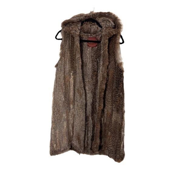 525 America Rabbit Fur Vest Women’s M Hooded Long Genuine Open Front - Picture 1 of 6